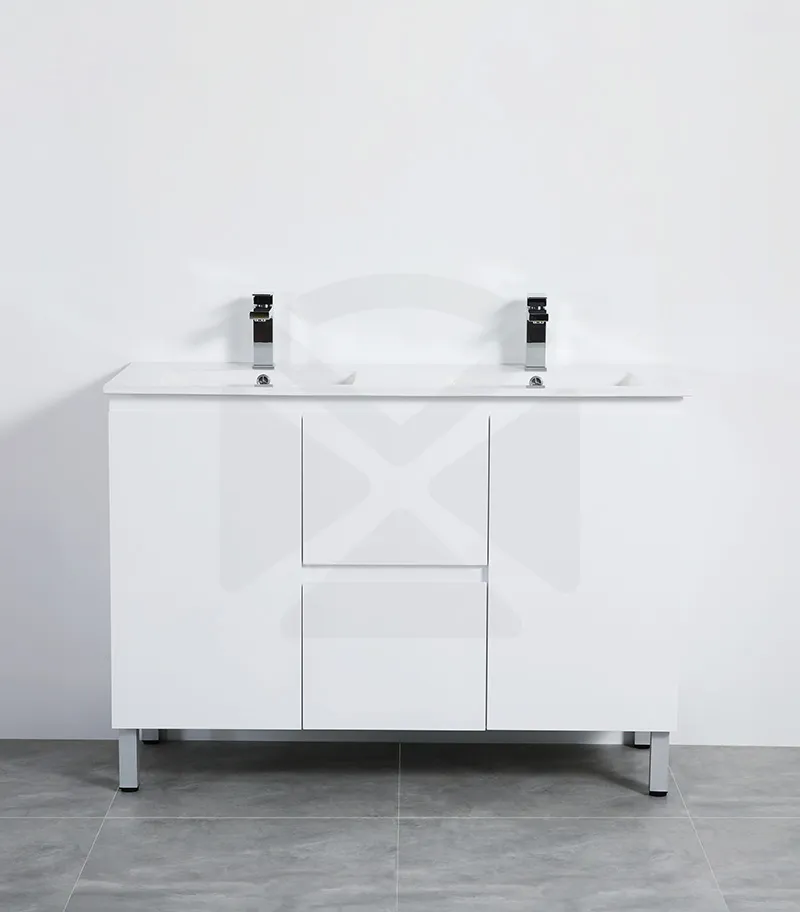 Alpha 1200mm Double Bowl Floorstanding Vanity with Legs - Gloss White with Ceramic Top
