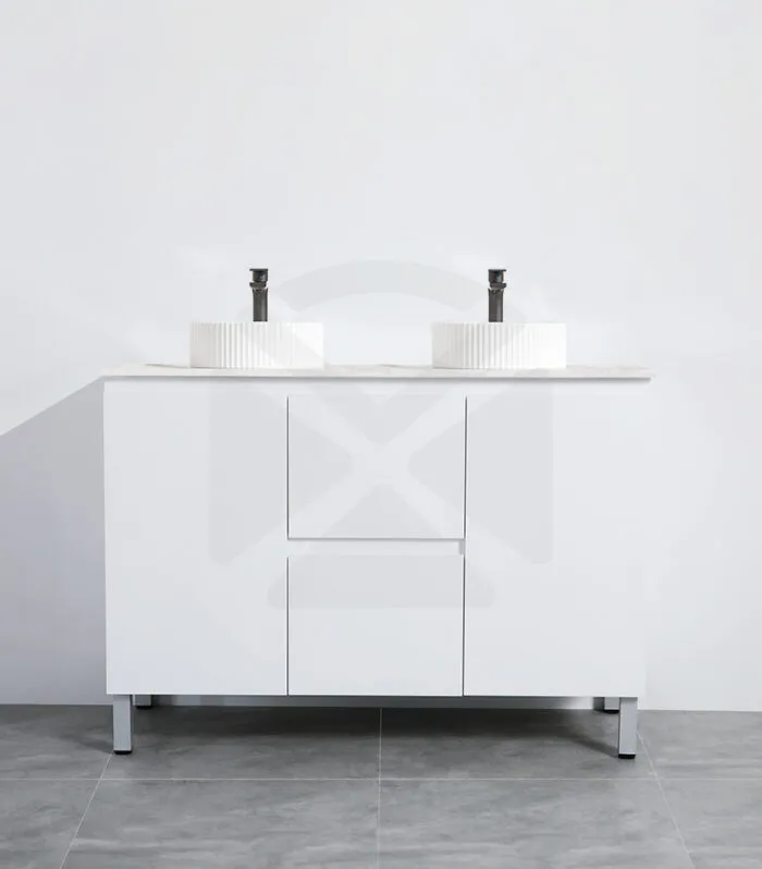 Alpha 1200mm Double Bowl Floorstanding Vanity with Legs - Gloss White with Marble Stone Top