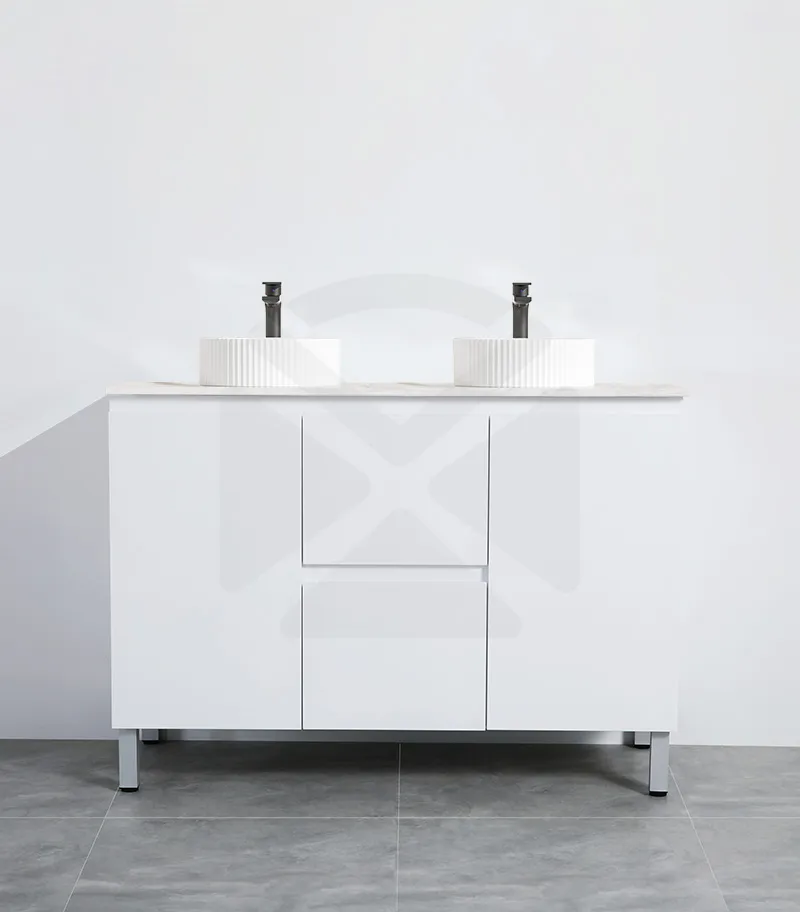 Alpha 1200mm Double Bowl Floorstanding Vanity with Legs - Gloss White with Marble Stone Top