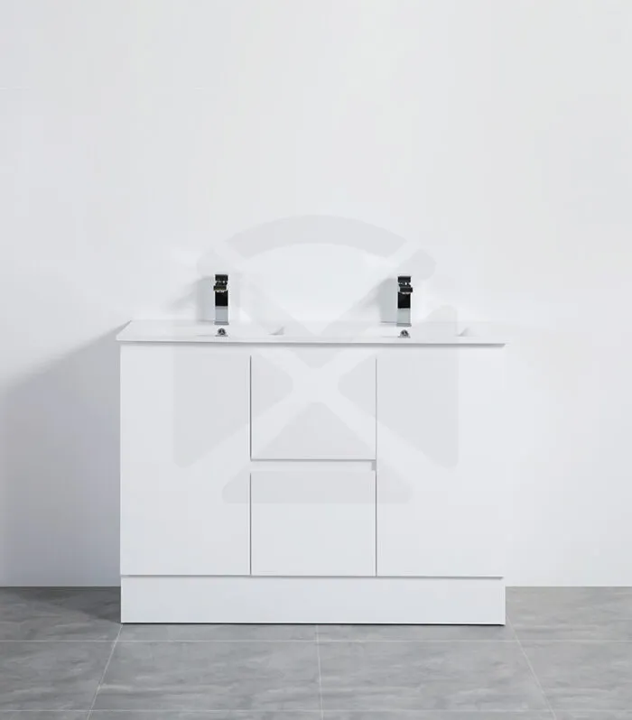 Alpha 1200mm Single Bowl Floorstanding Vanity with Kickboard - Gloss White with Ceramic Top