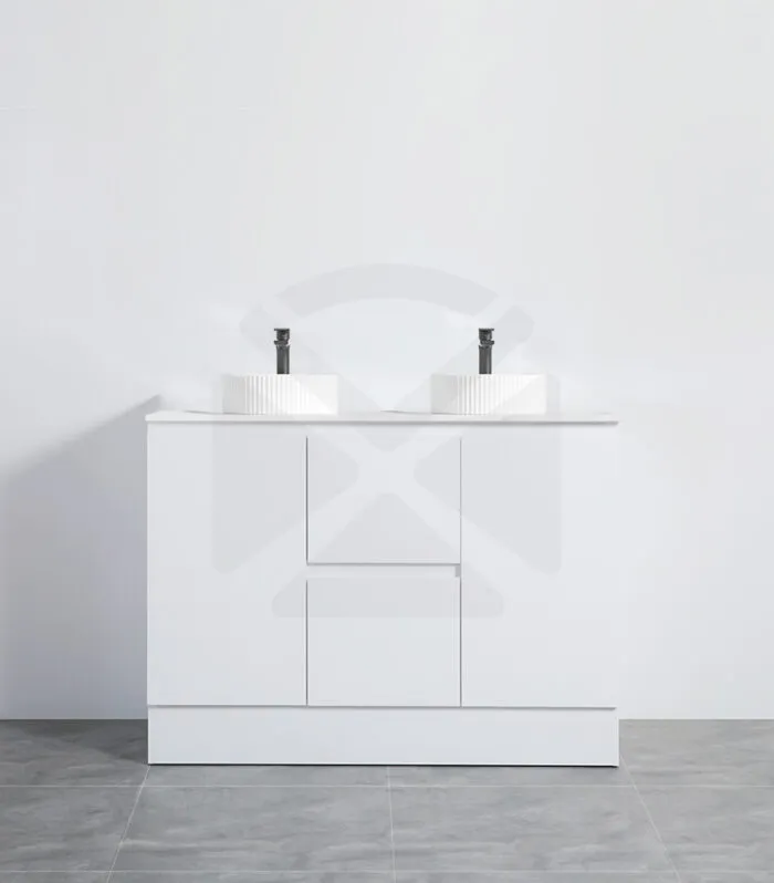 Alpha 1200mm Single Bowl Floorstanding Vanity with Kickboard - Gloss White with Marble Stone Top