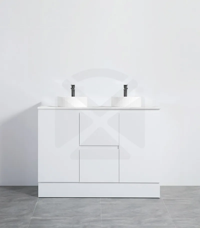 Alpha 1200mm Single Bowl Floorstanding Vanity with Kickboard - Gloss White with Marble Stone Top