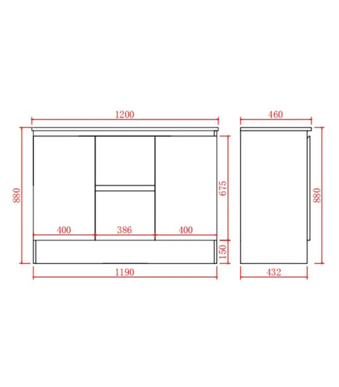 Alpha 1200mm Single Bowl Floorstanding Vanity with Kickboard - Gloss White Specification