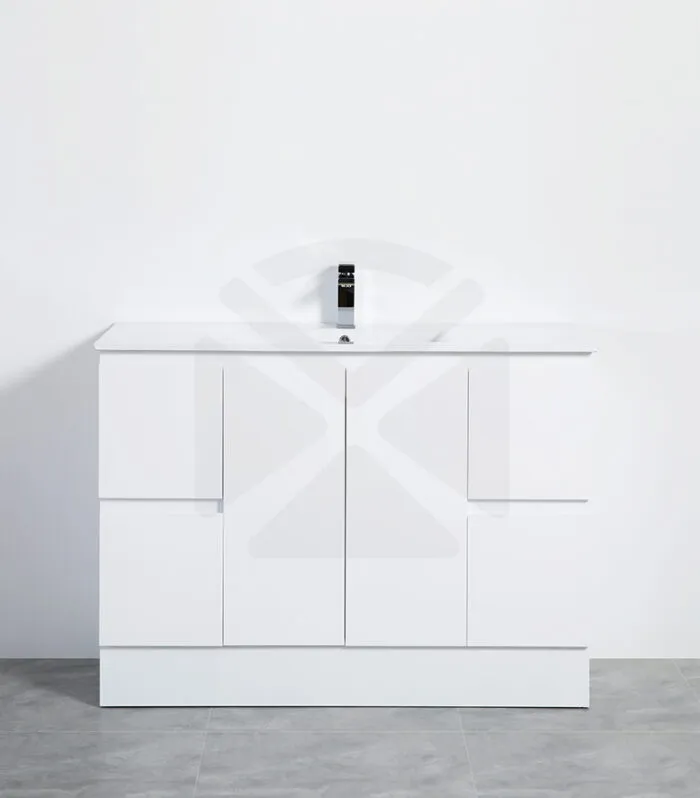 Alpha 1200mm Single Bowl Floorstanding Vanity with Kickboard - Gloss White with Ceramic Top