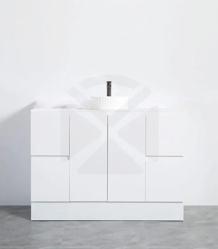 Alpha 1200mm Single Bowl Floorstanding Vanity with Kickboard - Gloss White with Marble Stone Top