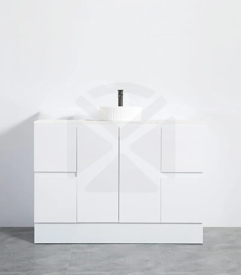 Alpha 1200mm Single Bowl Floorstanding Vanity with Kickboard - Gloss White with Marble Stone Top