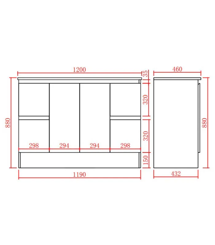 Alpha 1200mm Single Bowl Floorstanding Vanity with Kickboard - Gloss White Specification