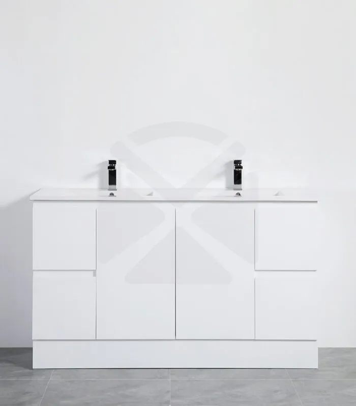 Alpha 1500mm Double Bowl Floorstanding Vanity with Kickboard - Gloss White with Ceramic Top