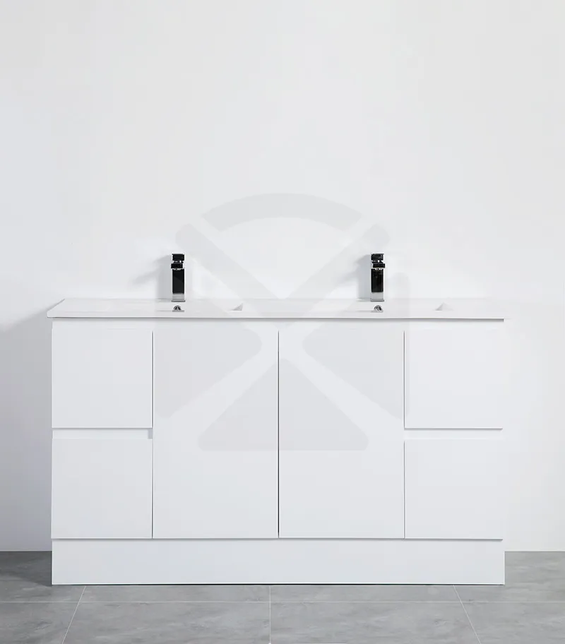 Alpha 1500mm Double Bowl Floorstanding Vanity with Kickboard - Gloss White with Ceramic Top