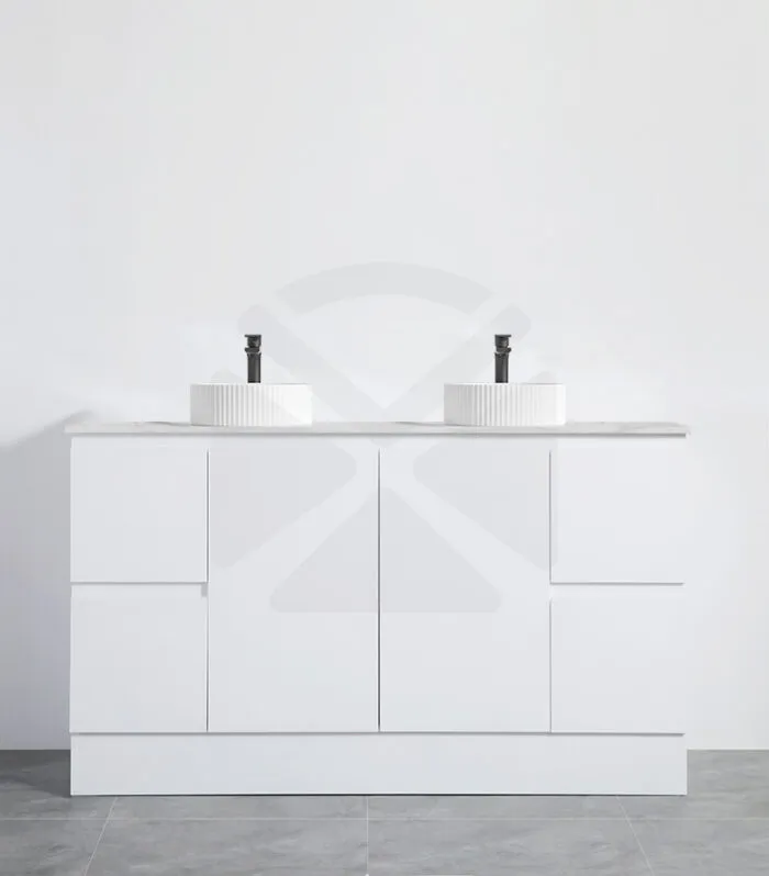 Alpha 1500mm Double Bowl Floorstanding Vanity with Kickboard - Gloss White with Marble Stone Top