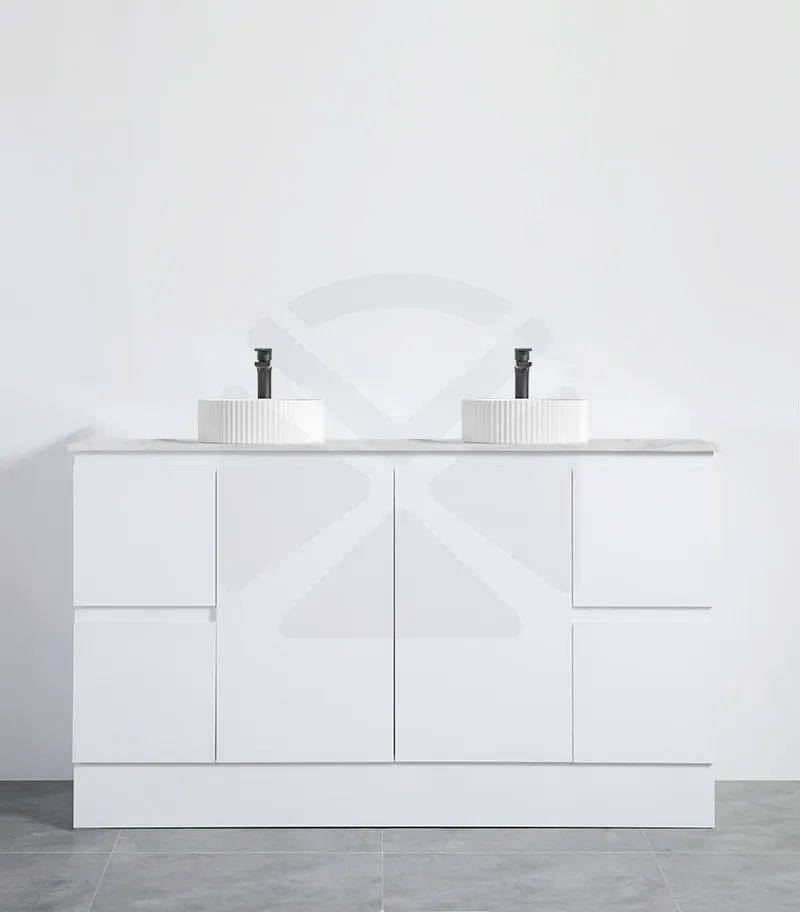 Alpha 1500mm Double Bowl Floorstanding Vanity with Kickboard - Gloss White with Marble Stone Top
