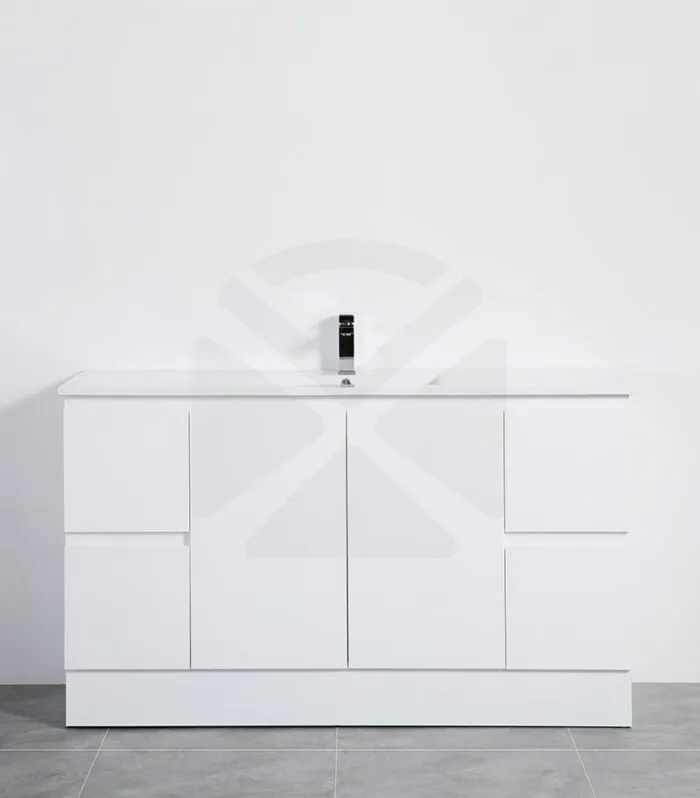 Alpha 1500mm Single Bowl Floorstanding Vanity with Kickboard - Gloss White with Ceramic Top