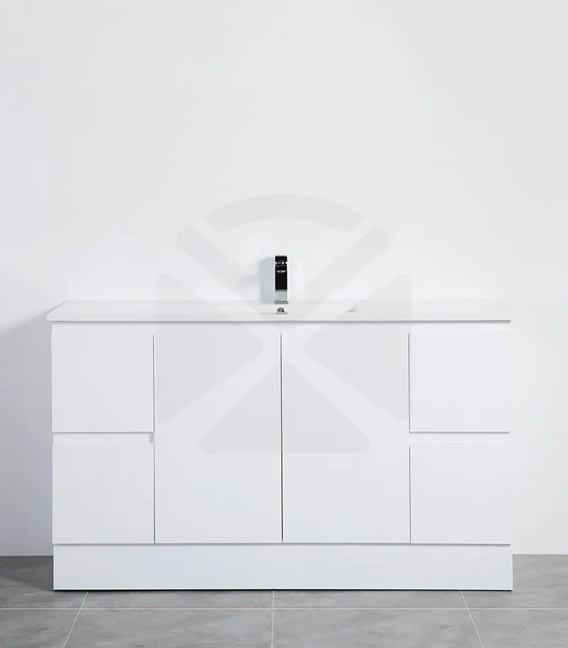 Alpha 1500mm Single Bowl Floorstanding Vanity with Kickboard - Gloss White with Ceramic Top