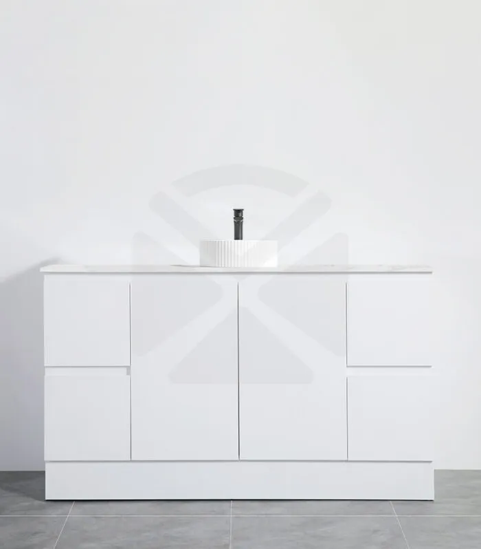 Alpha 1500mm Single Bowl Floorstanding Vanity with Kickboard - Gloss White with Marble Stone Top