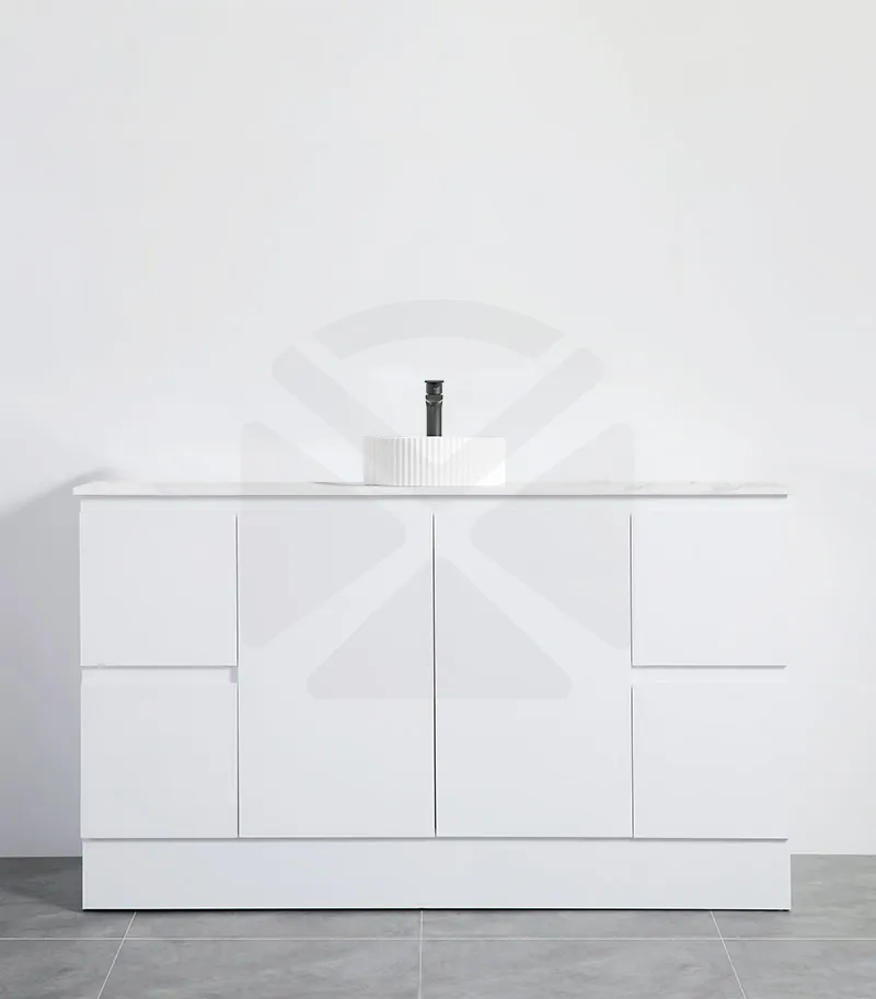 Alpha 1500mm Single Bowl Floorstanding Vanity with Kickboard - Gloss White with Marble Stone Top