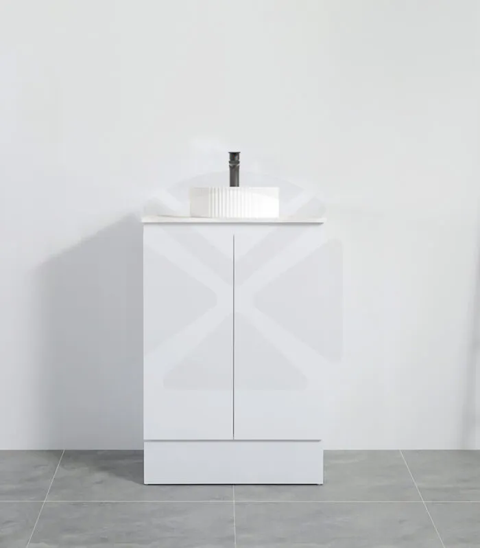 Alpha 600mm Floorstanding Vanity with Kickboard - Gloss White with Marble Stone Top