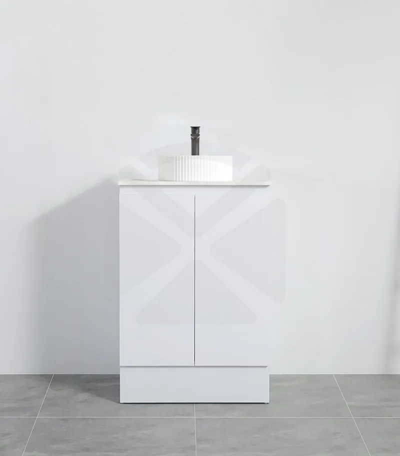 Alpha 600mm Floorstanding Vanity with Kickboard - Gloss White with Marble Stone Top