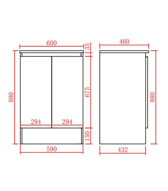 Alpha 600mm Floorstanding Vanity with Kickboard - Gloss White Specification