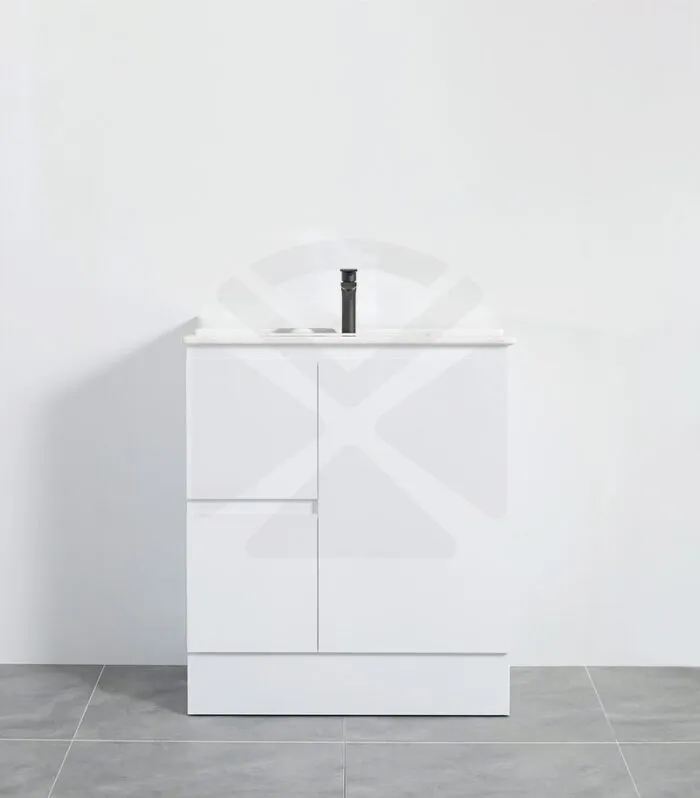 Alpha 750mm Floorstanding Vanity with Kickboard - Gloss White with Ceramic Top LHD