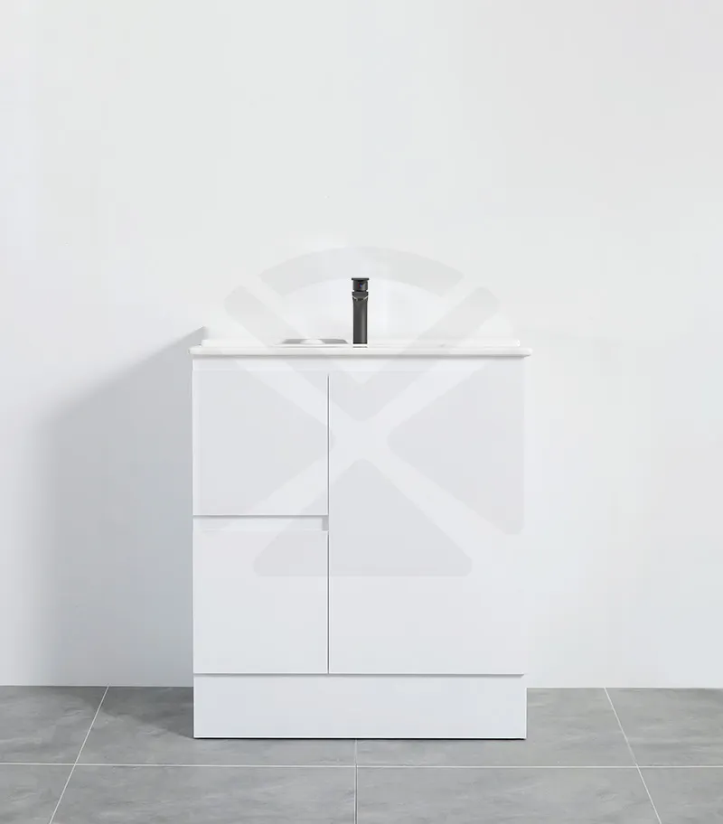 Alpha 750mm Floorstanding Vanity with Kickboard - Gloss White with Ceramic Top LHD