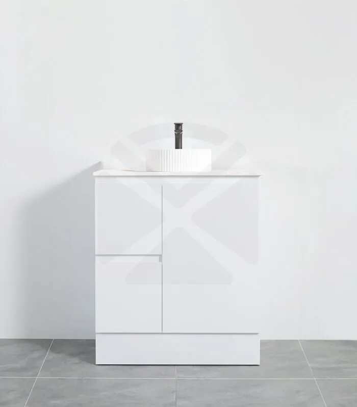 Alpha 750mm Floorstanding Vanity with Kickboard - Gloss White with Marble Stone Top LHD