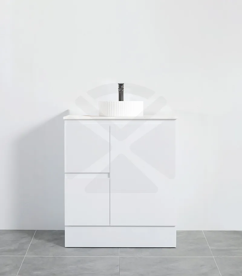Alpha 750mm Floorstanding Vanity with Kickboard - Gloss White with Marble Stone Top LHD