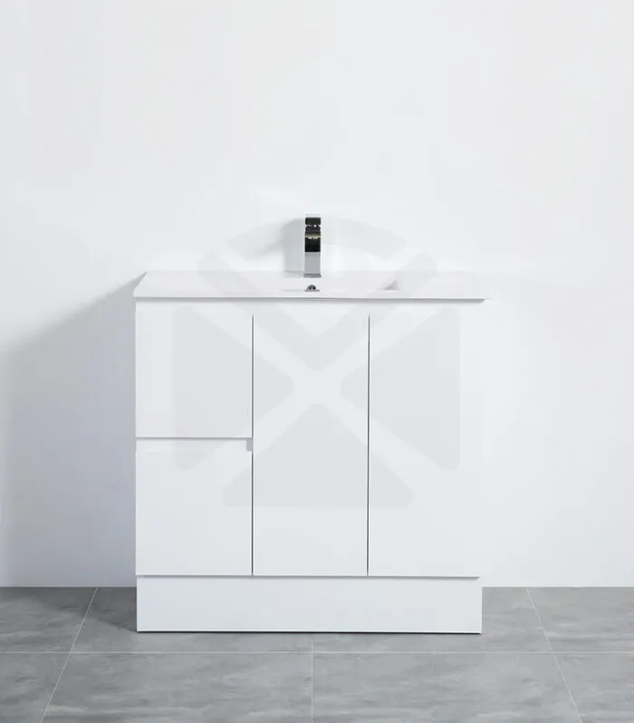 Alpha 900mm Floorstanding Vanity with Kickboard - Gloss White with Ceramic Top LHD