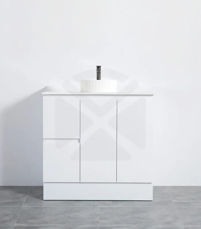 Alpha 900mm Floorstanding Vanity with Kickboard - Gloss White with Marble Stone Top LHD