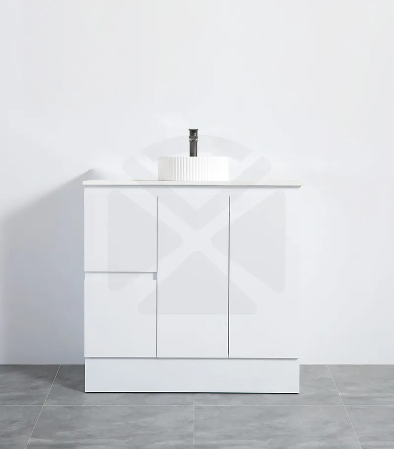 Alpha 900mm Floorstanding Vanity with Kickboard - Gloss White with Marble Stone Top LHD