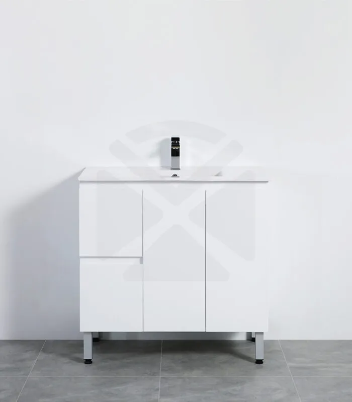 Alpha 900mm Floorstanding Vanity with Legs - Gloss White with Ceramic Top LHD