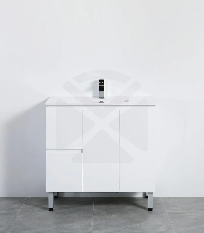 Alpha 900mm Floorstanding Vanity with Legs - Gloss White with Ceramic Top LHD