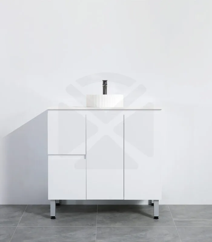 Alpha 900mm Floorstanding Vanity with Legs - Gloss White with Marble Stone Top LHD