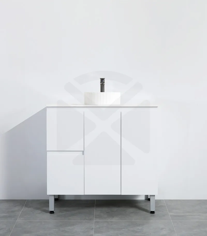 Alpha 900mm Floorstanding Vanity with Legs - Gloss White with Marble Stone Top LHD
