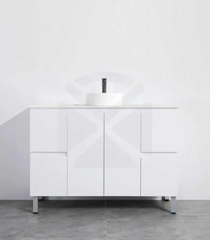 Alpha 1200mm Single Bowl Floorstanding Vanity with Legs - Gloss White with Marble Stone Top