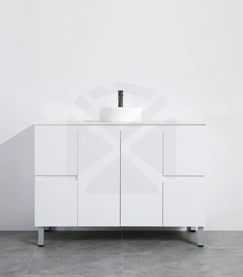 Alpha 1200mm Single Bowl Floorstanding Vanity with Legs - Gloss White with Marble Stone Top