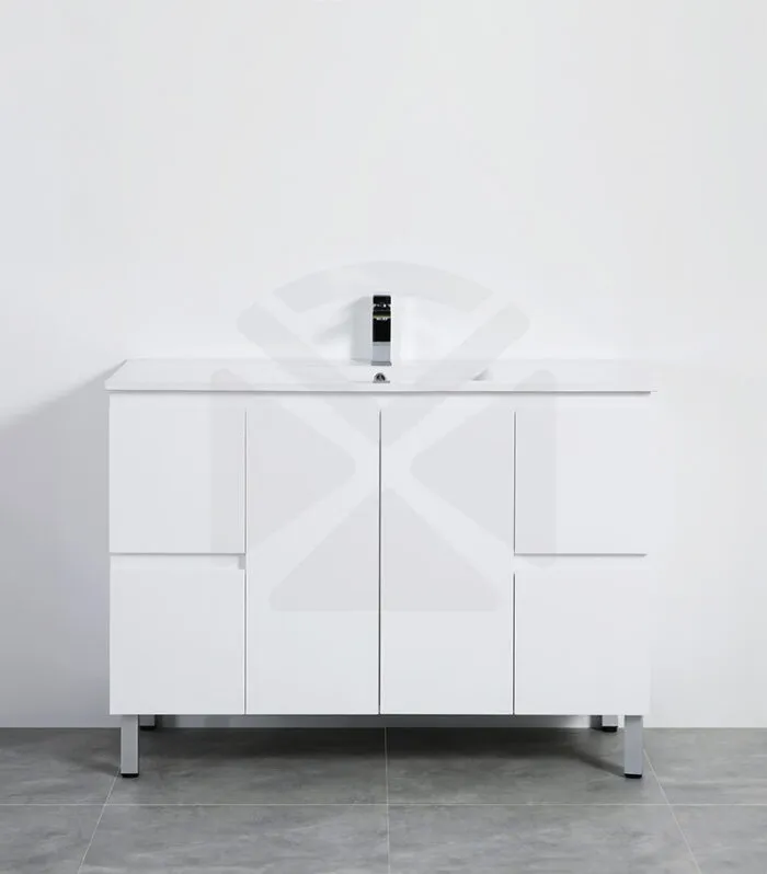 Alpha 1200mm Single Bowl Floorstanding Vanity with Legs - Gloss White with Ceramic Top