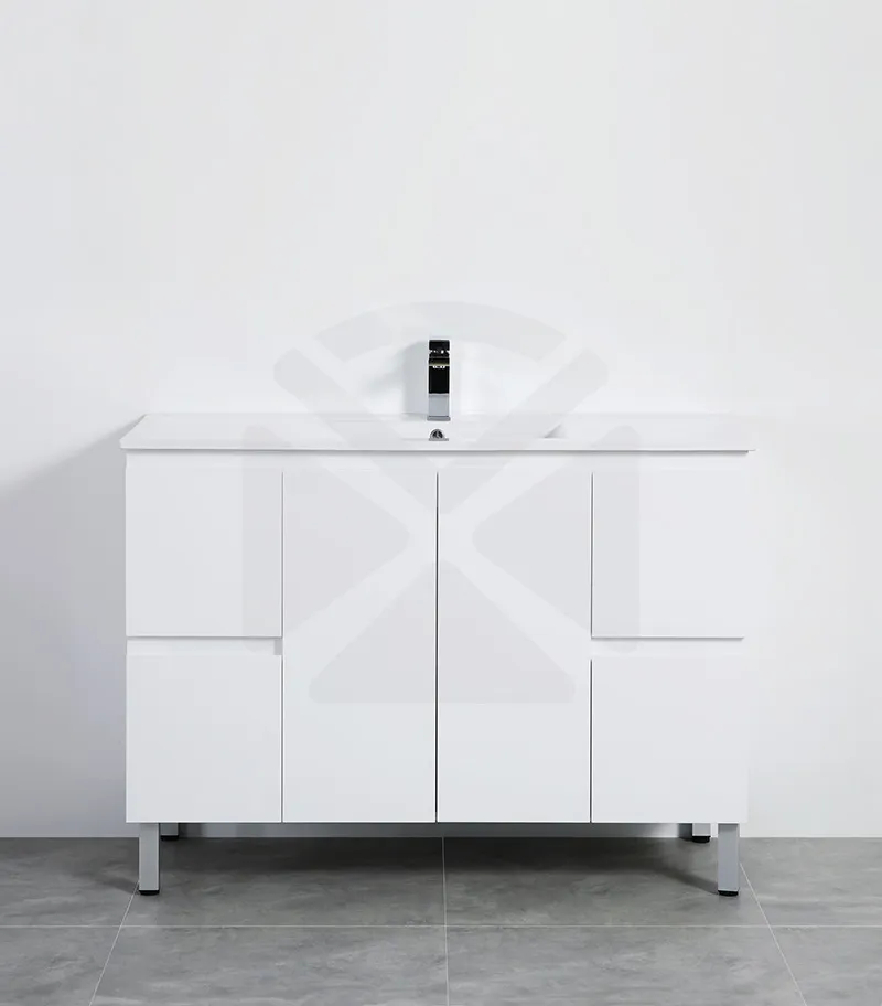 Alpha 1200mm Single Bowl Floorstanding Vanity with Legs - Gloss White with Ceramic Top