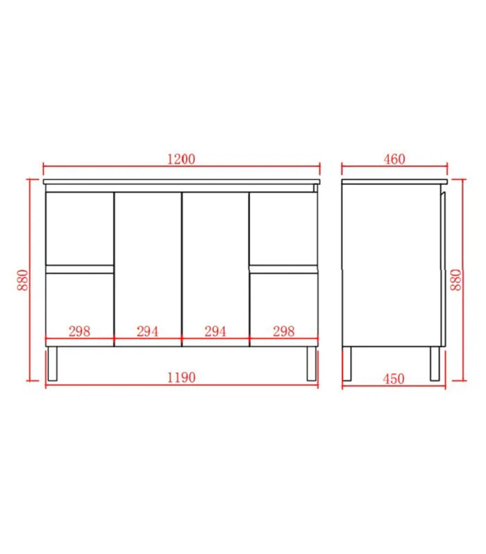 Alpha 1200mm Single Bowl Floorstanding Vanity with Legs - Gloss White Specification