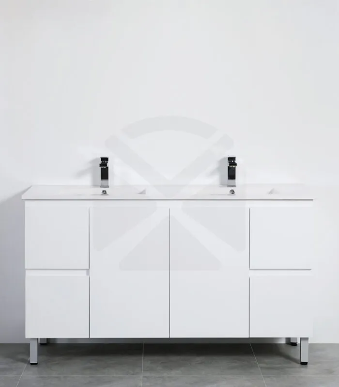 Alpha 1500mm Double Bowl Floorstanding Vanity with Legs - Gloss White with Ceramic Top