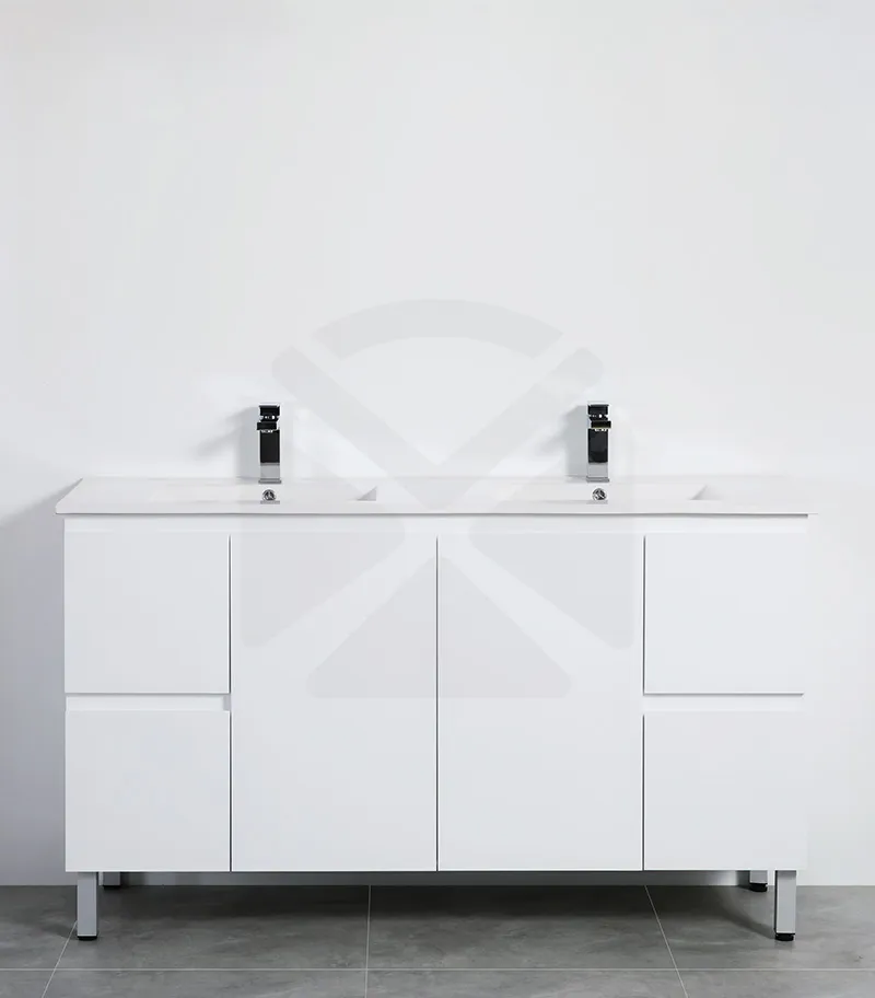 Alpha 1500mm Double Bowl Floorstanding Vanity with Legs - Gloss White with Ceramic Top