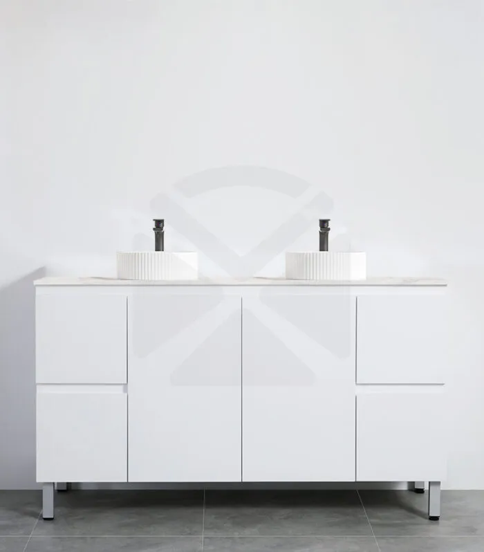 Alpha 1500mm Double Bowl Floorstanding Vanity with Legs - Gloss White with Marble Stone Top