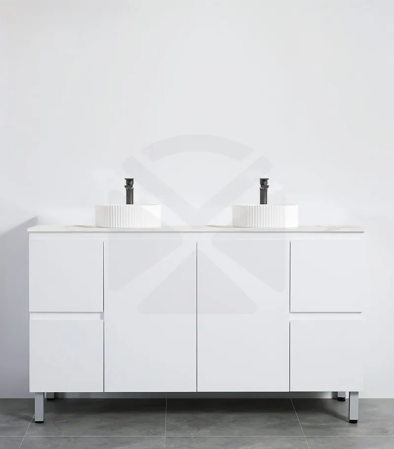 Alpha 1500mm Double Bowl Floorstanding Vanity with Legs - Gloss White with Marble Stone Top
