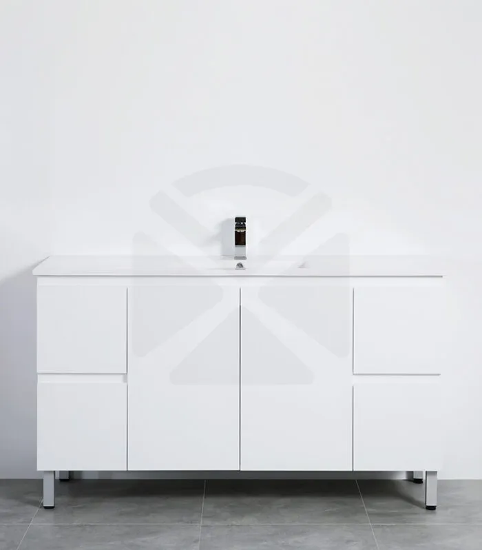 Alpha 1500mm Single Bowl Floorstanding Vanity with Legs - Gloss White with Ceramic Top