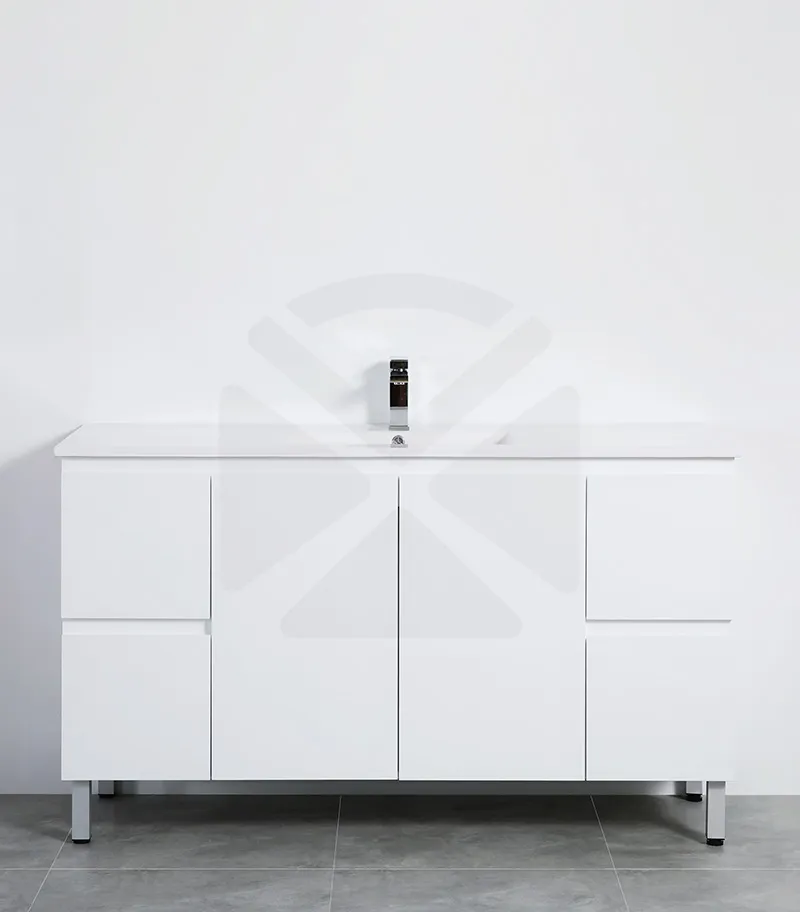 Alpha 1500mm Single Bowl Floorstanding Vanity with Legs - Gloss White with Ceramic Top