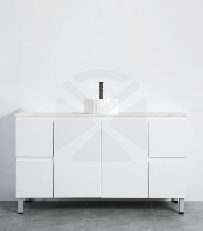 Alpha 1500mm Single Bowl Floorstanding Vanity with Legs - Gloss White with Marble Stone Top
