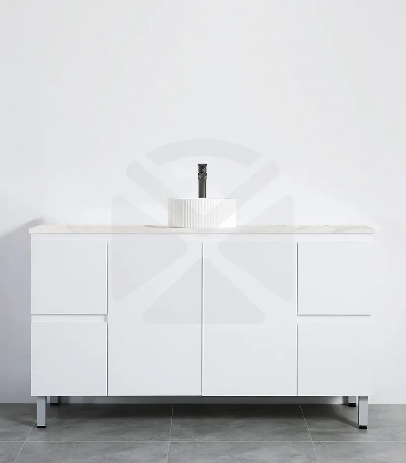 Alpha 1500mm Single Bowl Floorstanding Vanity with Legs - Gloss White with Marble Stone Top