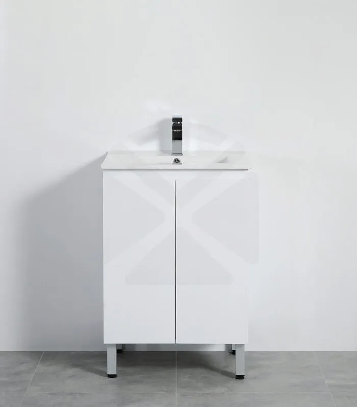 Alpha 600mm Floorstanding Vanity with Legs - Gloss White with Ceramic Top
