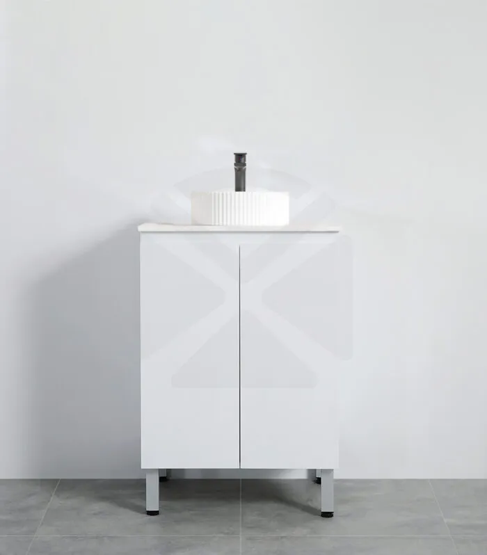 Alpha 600mm Floorstanding Vanity with Legs - Gloss White with Stone Top