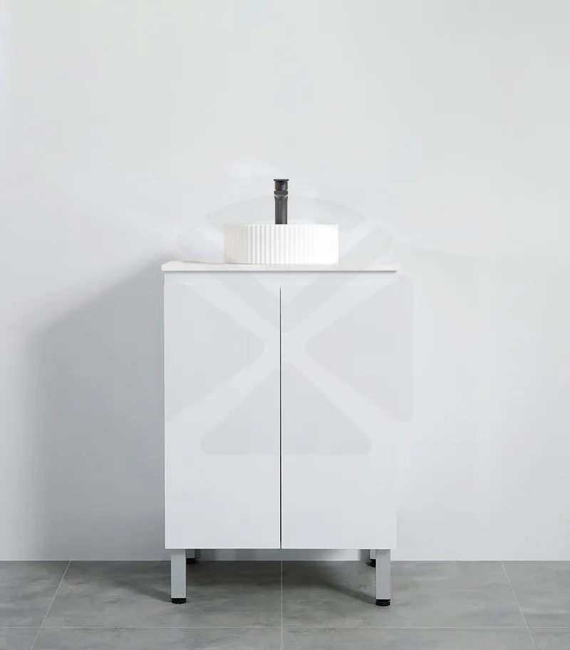 Alpha 600mm Floorstanding Vanity with Legs - Gloss White with Stone Top