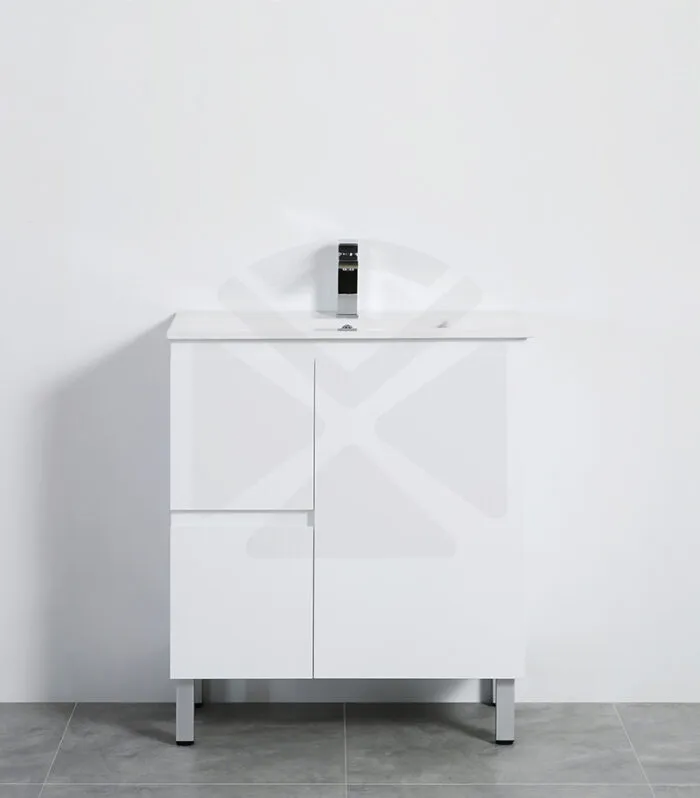 Alpha 750mm Floorstanding Vanity with Legs - Gloss White with LH Drawers & Ceramic Top